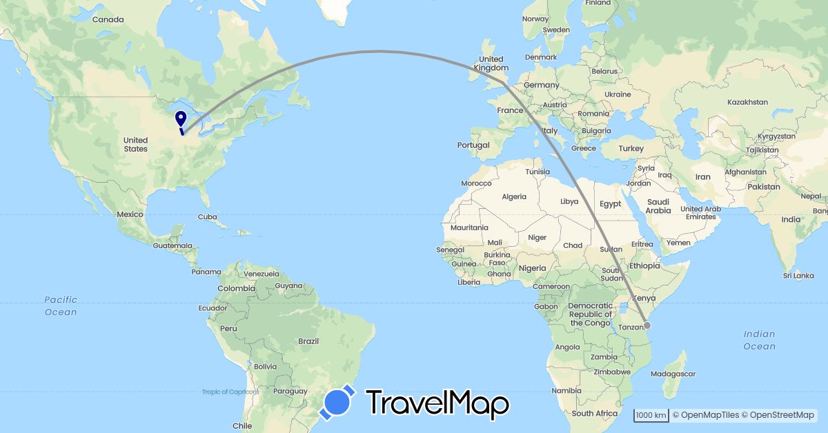 TravelMap itinerary: driving, plane in United Kingdom, Tanzania, United States (Africa, Europe, North America)